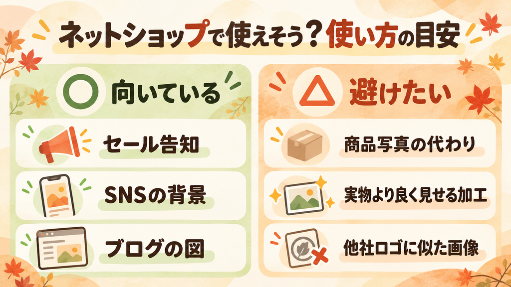 ChatGPTの画像生成がネットショップで向いている使い方と避けたい使い方の比較図