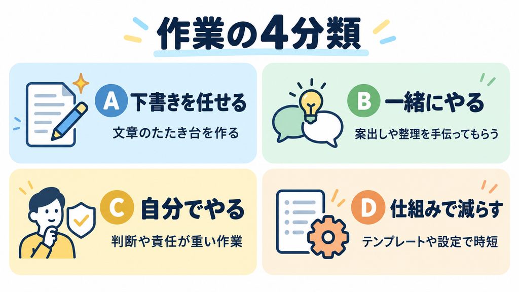 AIに任せる仕事をA下書き・B共同作業・C自分で判断・D仕組み化の4つに分類する図