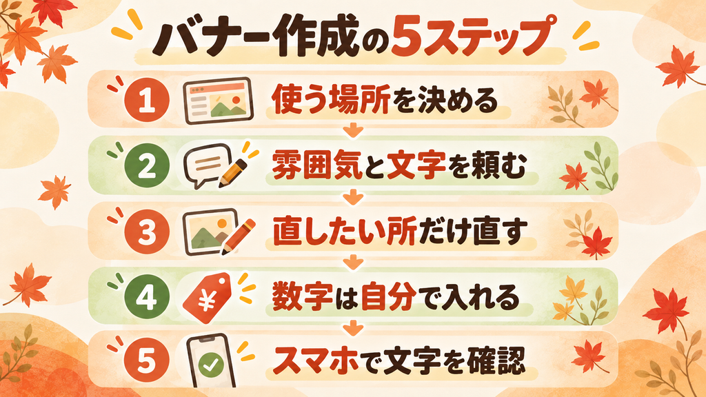 ChatGPTでバナー画像を作って使うまでの5つの手順を示した図