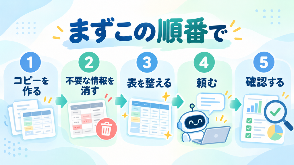 売上データをChatGPTで分析する前後の5つの手順を示した図